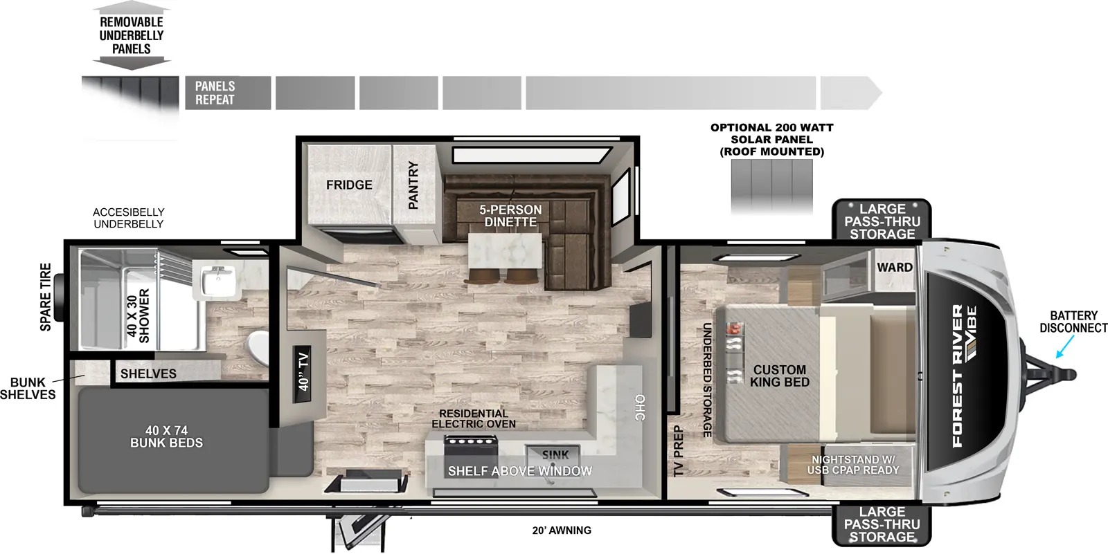 The Vibe 2500DB floorplan has one entry and one slide out. Exterior features include: fiberglass exterior and 20' awning. Interiors features include: bunk beds and front bedroom.